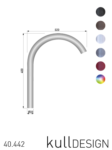 Wasserspeier as Edelstahl rund 33 mm als Standarmatur mit 180 Grad Bogen, Höhe 40 cm, Ausladung 32 cm. Anschluss unten 3/4 Z0ll Innengewinde